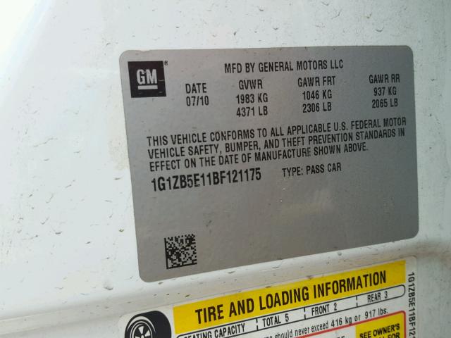 1G1ZB5E11BF121175 - 2011 CHEVROLET MALIBU LS Ağ foto 10