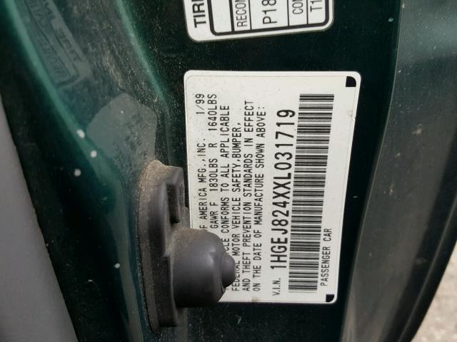 1HGEJ824XXL031719 - 1999 HONDA CIVIC EX მწვანე ფოტო 10