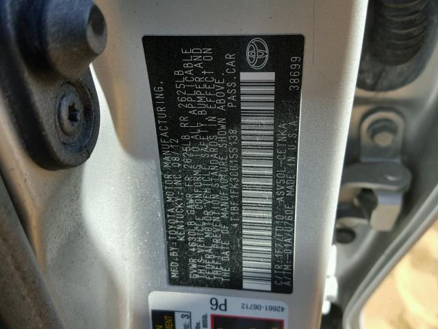 4T1BF1FK3CU155138 - 2012 TOYOTA CAMRY BASE SILVER photo 10