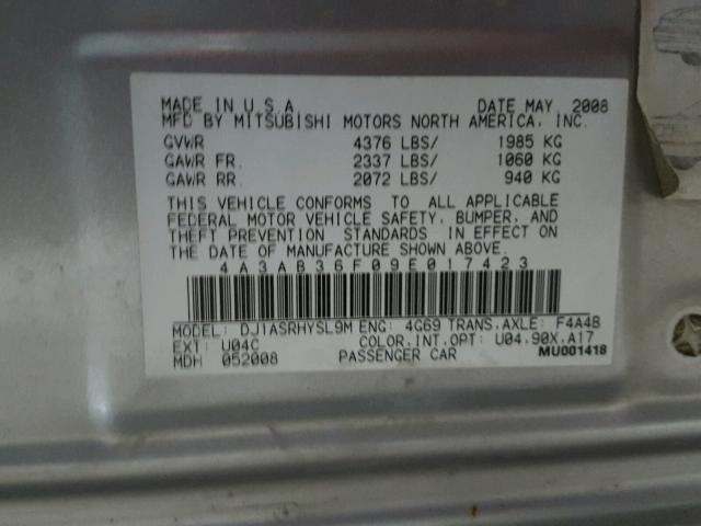 4A3AB36F09E017423 - 2009 MITSUBISHI GALANT ES SILVER photo 10