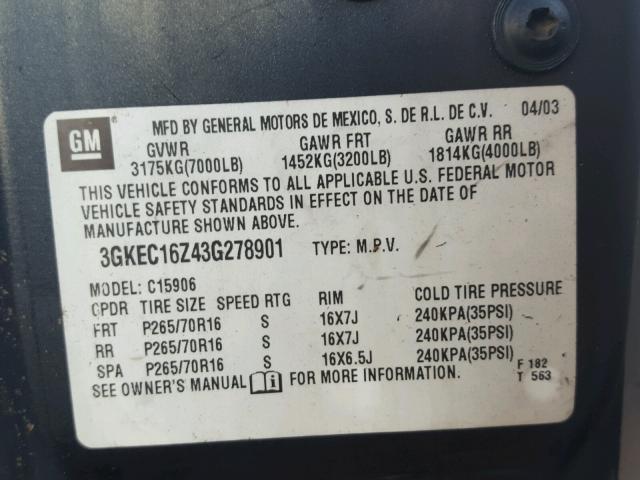 3GKEC16Z43G278901 - 2003 GMC YUKON XL C GRAY photo 10