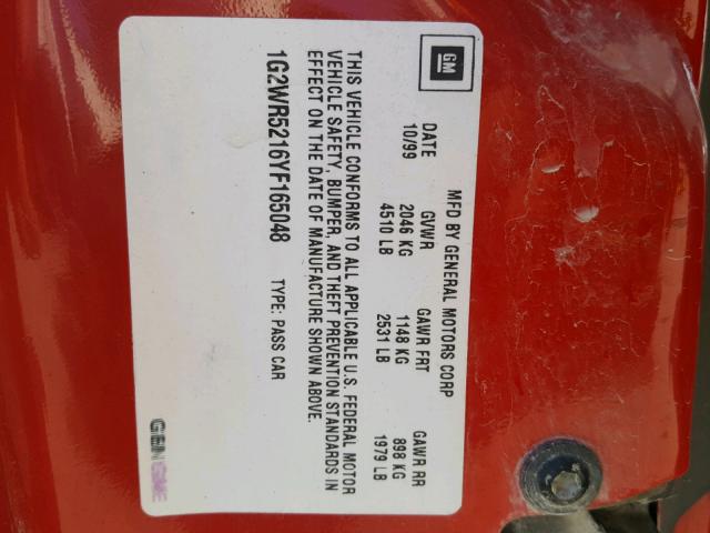 1G2WR5216YF165048 - 2000 PONTIAC GRAND PRIX RED photo 10