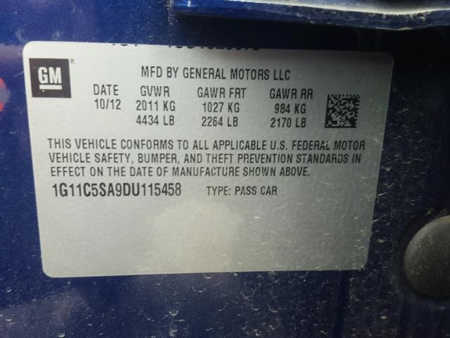 1G11C5SA9DU115458 - 2013 CHEVROLET MALIBU 1LT 蓝色 照片 10