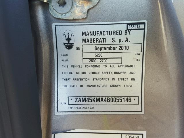 ZAM45KMA4B0055146 - 2011 MASERATI GRANTURISM GRAY photo 10