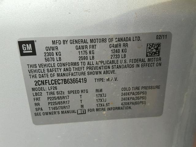 2CNFLCEC7B6366419 - 2011 CHEVROLET EQUINOX LS SILVER photo 10