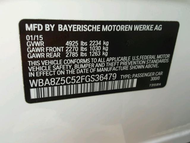 WBA8Z5C52FGS36479 - 2015 BMW 328 XIGT WHITE photo 10