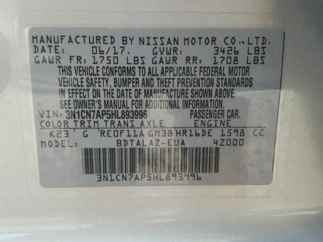 3N1CN7AP5HL893996 - 2017 NISSAN VERSA SILVER photo 10