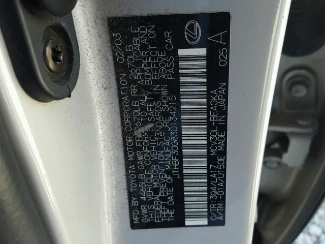 JTHBF30G830134215 - 2003 LEXUS ES 300 SILVER photo 10