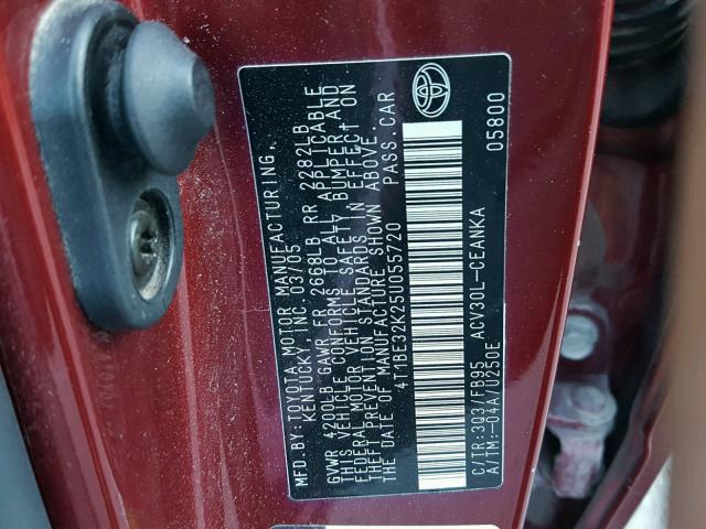 4T1BE32K25U055720 - 2005 TOYOTA CAMRY LE 栗色 照片 10