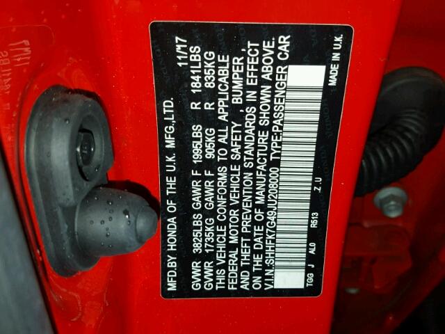 SHHFK7G49JU208000 - 2018 HONDA CIVIC SPOR RED photo 10