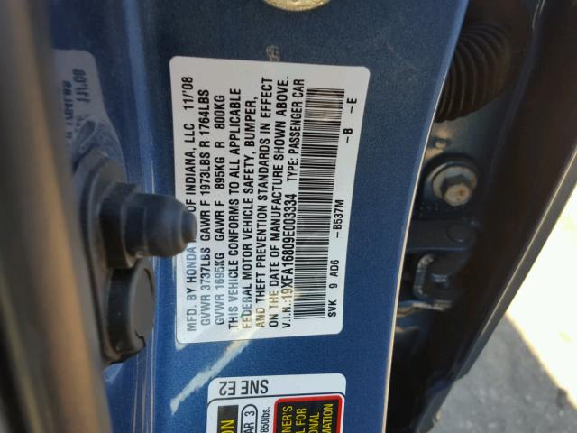 19XFA16809E003334 - 2009 HONDA CIVIC EX BLUE photo 10