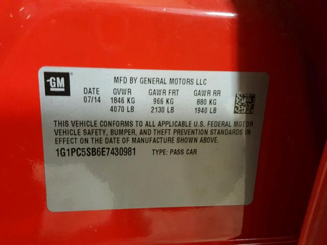 1G1PC5SB6E7430981 - 2014 CHEVROLET CRUZE LT RED photo 10