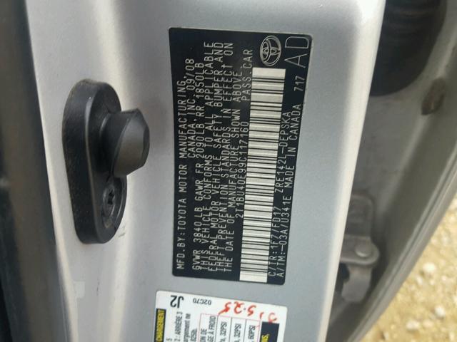 2T1BU40E99C117160 - 2009 TOYOTA COROLLA BA SILVER photo 10