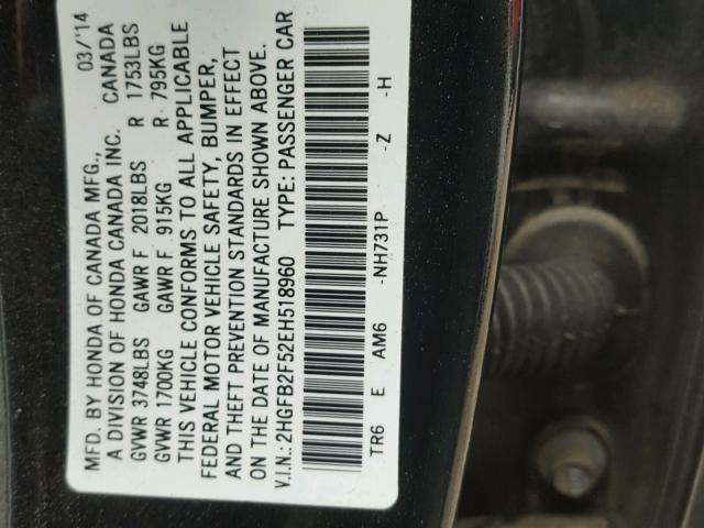 2HGFB2F52EH518960 - 2014 HONDA CIVIC BLACK photo 10