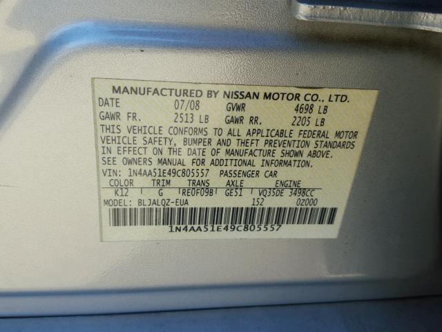 1N4AA51E49C805557 - 2009 NISSAN MAXIMA S SILVER photo 10