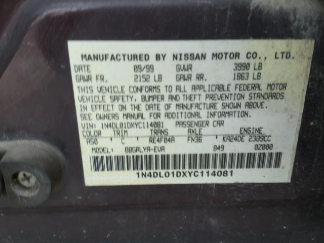 1N4DL01DXYC114081 - 2000 NISSAN ALTIMA XE MAROON photo 10