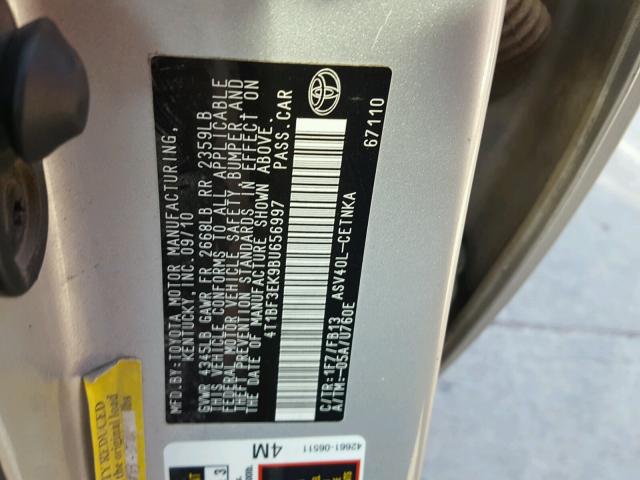 4T1BF3EK9BU656997 - 2011 TOYOTA CAMRY SILVER photo 10