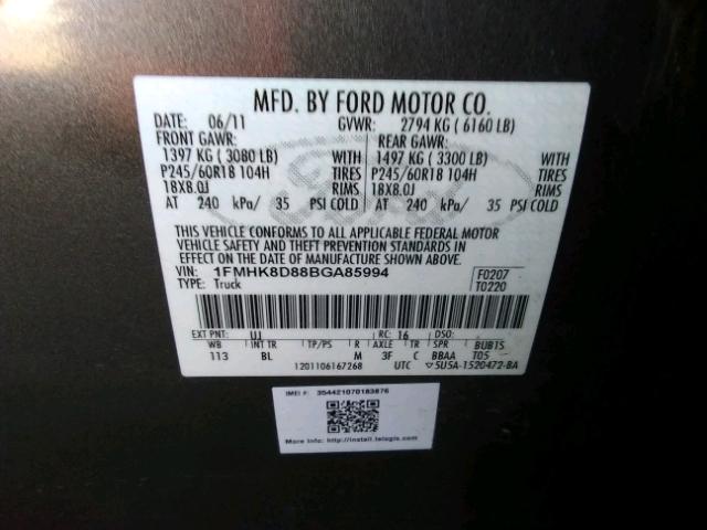 1FMHK8D88BGA85994 - 2011 FORD EXPLORER X GRAY photo 10