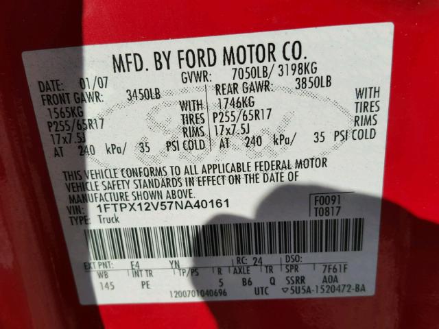 1FTPX12V57NA40161 - 2007 FORD F150 RED photo 10