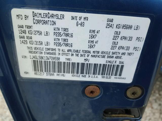 1J4GL58K13W720590 - 2003 JEEP LIBERTY LI BLUE photo 10