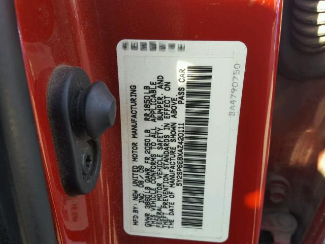 5Y2SP6E8XAZ420111 - 2010 PONTIAC VIBE RED photo 10