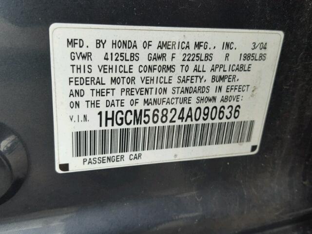 1HGCM56824A090636 - 2004 HONDA ACCORD EX CHARCOAL photo 10