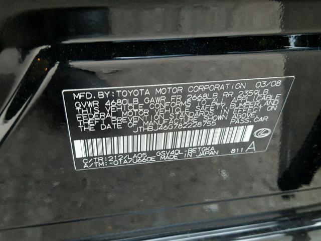 JTHBJ46G782228755 - 2008 LEXUS ES 350 BLACK photo 10