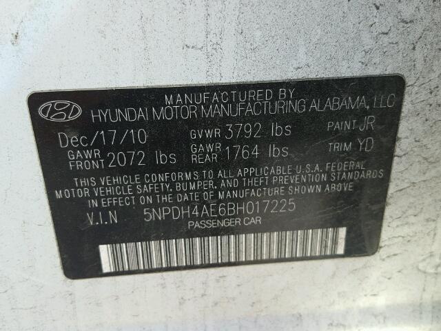 5NPDH4AE6BH017225 - 2011 HYUNDAI ELANTRA GL WHITE photo 10