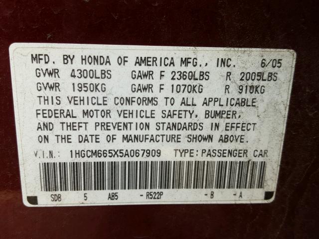 1HGCM665X5A067909 - 2005 HONDA ACCORD RED photo 10