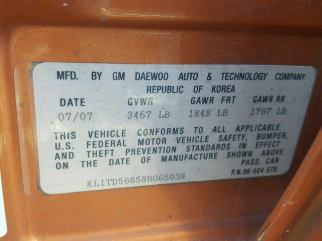 KL1TD56658B065038 - 2008 CHEVROLET AVEO BASE Pomarańczowy zdjęcie 10