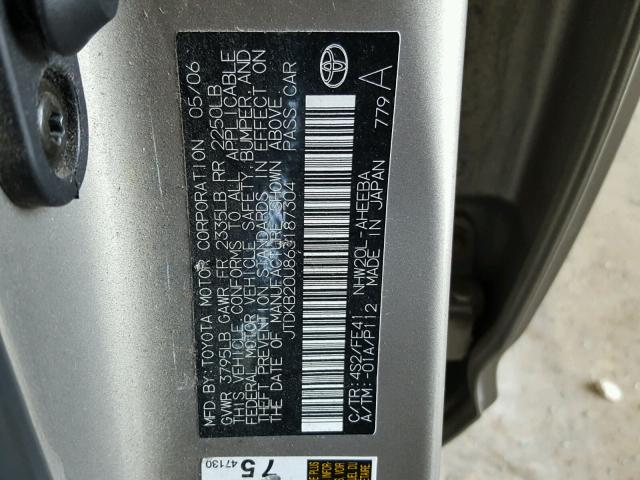 JTDKB20U863187304 - 2006 TOYOTA PRIUS GOLD photo 10