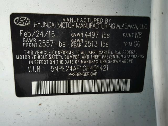 5NPE24AF1GH401421 - 2016 HYUNDAI SONATA SE WHITE photo 10