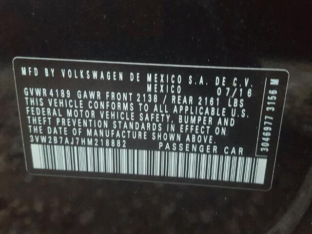 3VW2B7AJ7HM218882 - 2017 VOLKSWAGEN JETTA S 黑色 照片 10