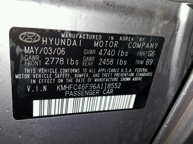 KMHFC46F96A118552 - 2006 HYUNDAI AZERA SE GRAY photo 10