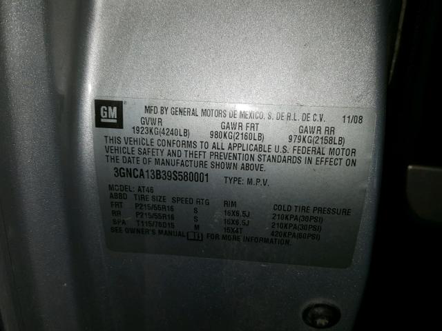 3GNCA13B39S580001 - 2009 CHEVROLET HHR LS Plata foto 10