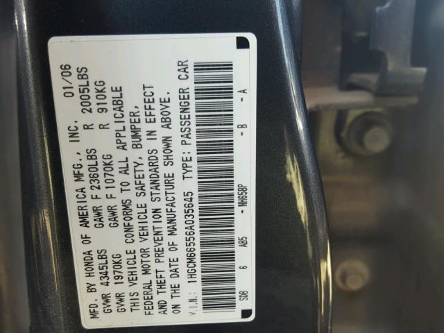 1HGCM66556A035645 - 2006 HONDA ACCORD GRAY photo 10