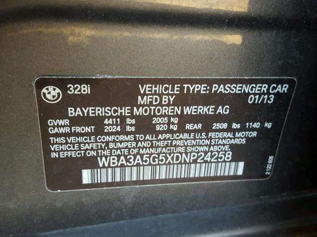 WBA3A5G5XDNP24258 - 2013 BMW 328 I GRAY photo 10