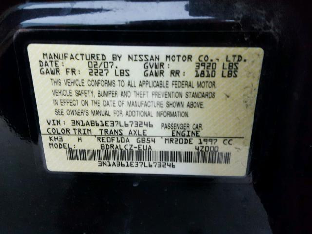 3N1AB61E37L673246 - 2007 NISSAN SENTRA BLACK photo 10