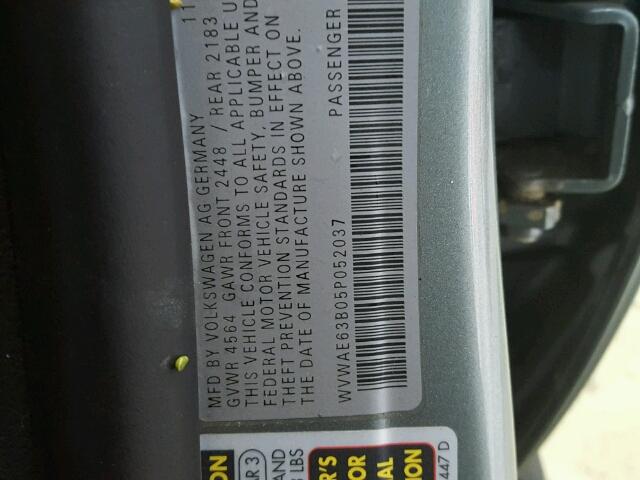 WVWAE63B05P052037 - 2005 VOLKSWAGEN PASSAT GLS GRAY photo 10