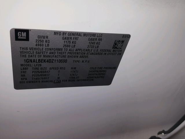 1GNALBEK4DZ110690 - 2013 CHEVROLET EQUINOX LS WHITE photo 10