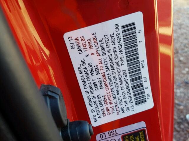 2HGFG3B59DH516697 - 2013 HONDA CIVIC LX RED photo 10