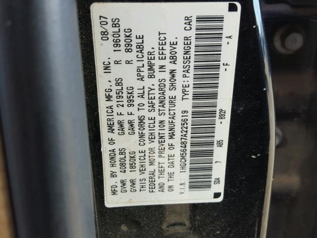 1HGCM56487A225619 - 2007 HONDA ACCORD LX GRAY photo 10