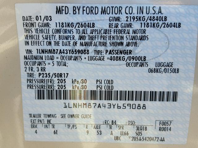 1LNHM87A43Y659088 - 2003 LINCOLN LS BEIGE photo 10