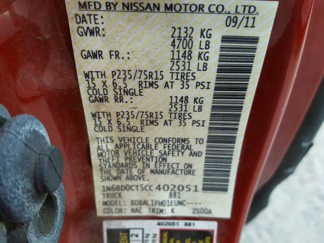 1N6BD0CT5CC402051 - 2012 NISSAN FRONTIER S RED photo 10