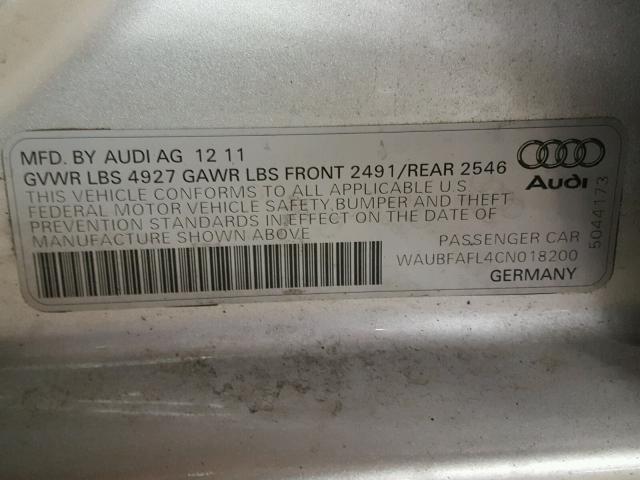 WAUBFAFL4CN018200 - 2012 AUDI A4 PREMIUM SILVER photo 10