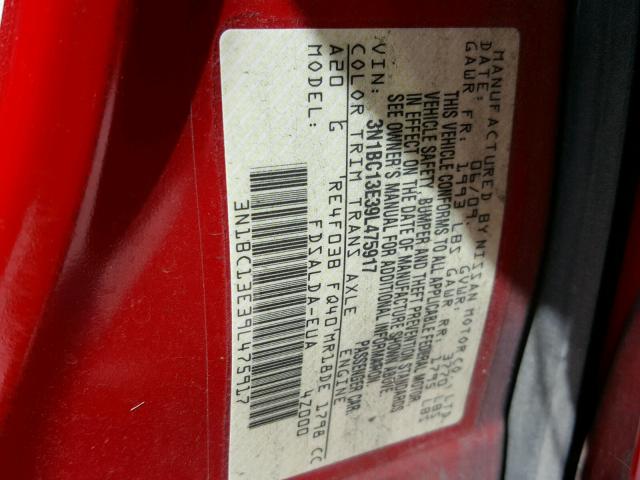 3N1BC13E39L475917 - 2009 NISSAN VERSA RED photo 10