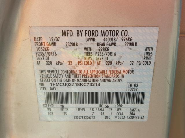 1FMCU03Z18KC73214 - 2008 FORD ESCAPE XLT SILVER photo 10