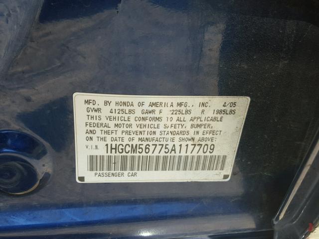 1HGCM56775A117709 - 2005 HONDA ACCORD EX BLUE photo 10