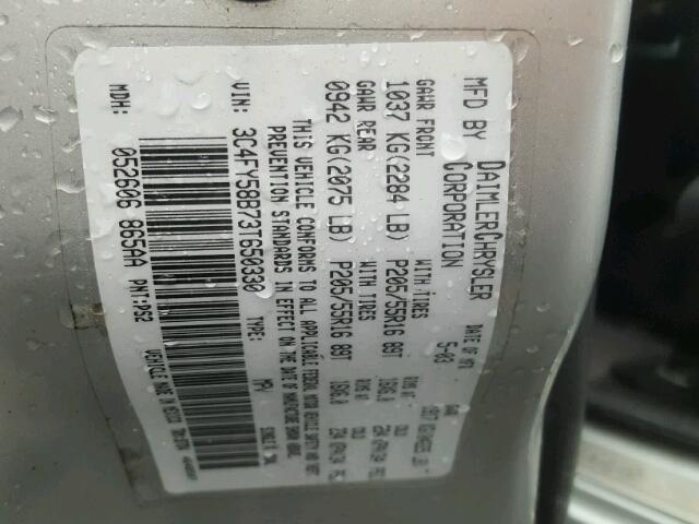 3C4FY58B73T650330 - 2003 CHRYSLER PT CRUISER SILVER photo 10