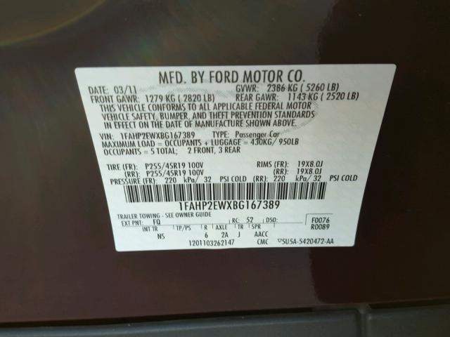 1FAHP2EWXBG167389 - 2011 FORD TAURUS SEL MAROON photo 10